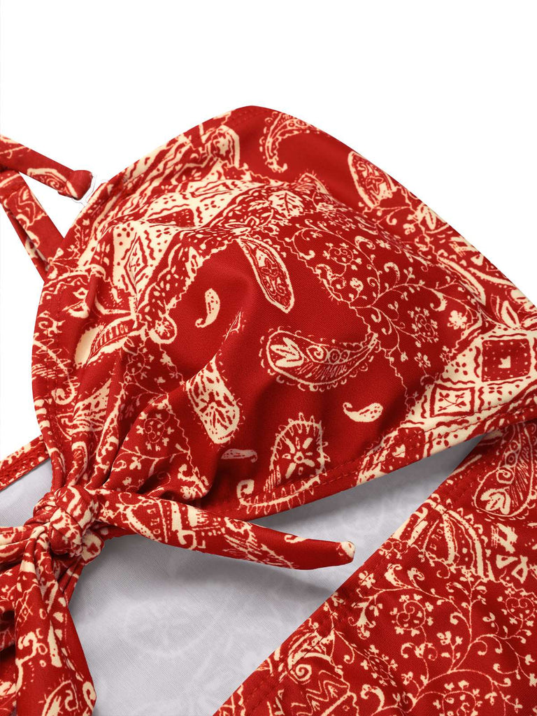 Rot 1970er Paisley Hohl Spaghetti Träger Badeanzug