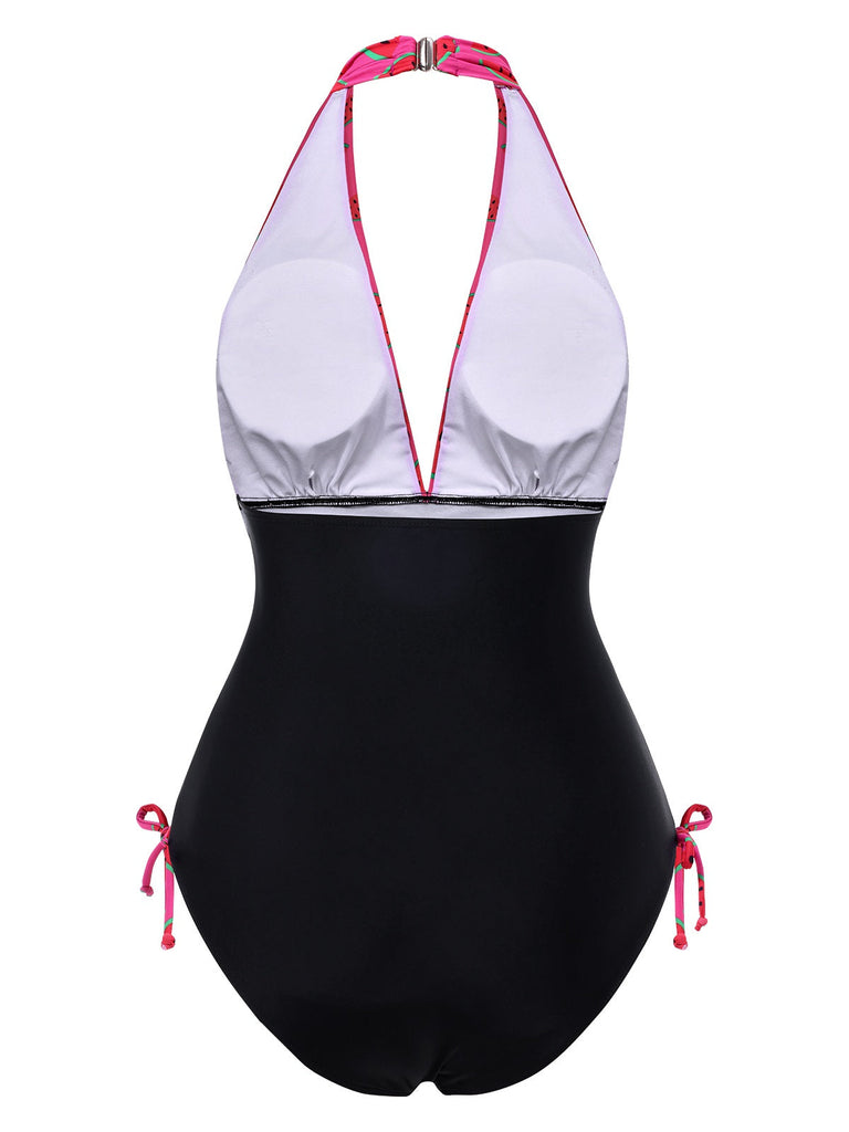 Rosa 1960er Wassermelone Tief-V Halter Badeanzug