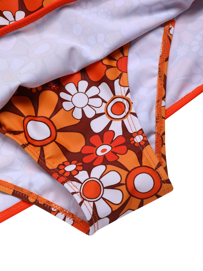 Braun 1960er Bohemien Psychedelisch Blumen Badeanzug