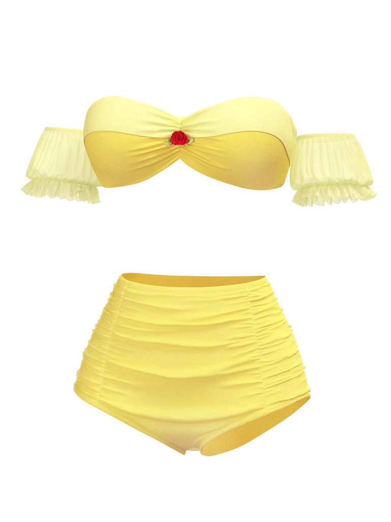 Gelb 1970er Belle Princess Stil Rose Puff Bikini Set
