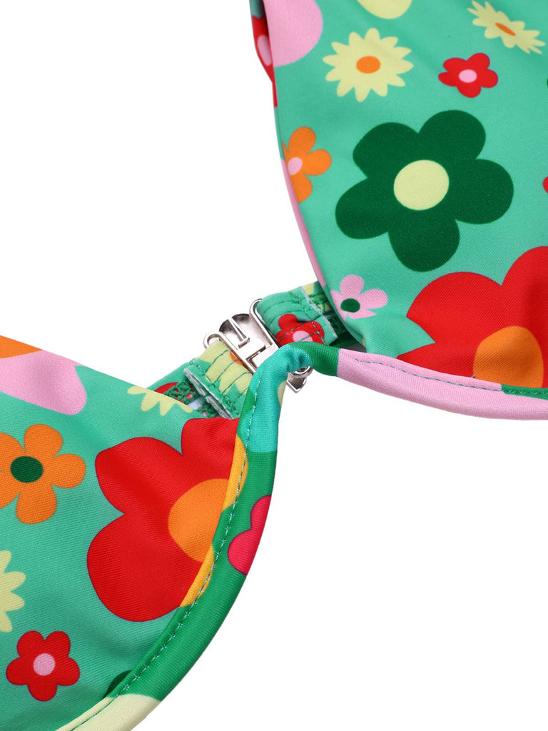 Grün 1950er Karikatur Blumen Bikini Set