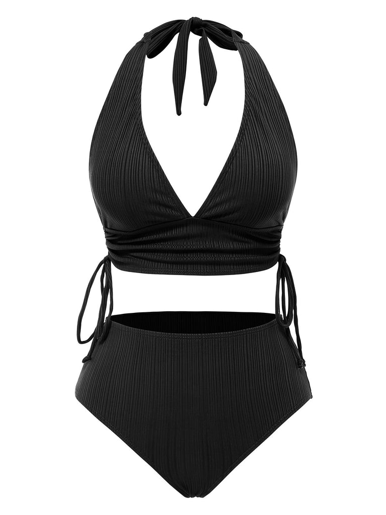 1930er Strukturierter Stoff Solide Halter Schnürung Bademode