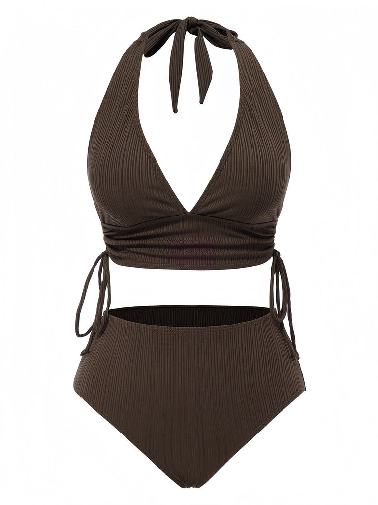 1930er Strukturierter Stoff Solide Halter Schnürung Bademode