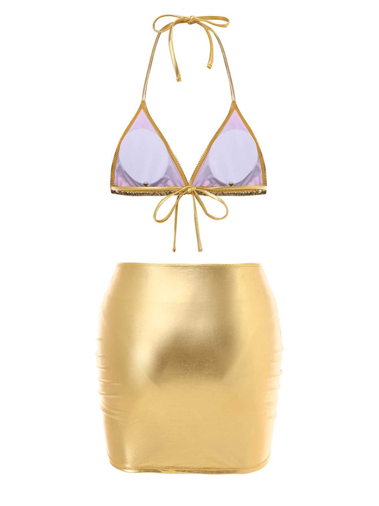 1970er Halter Metallisch Bikini & Gerüschtes Cover-Up