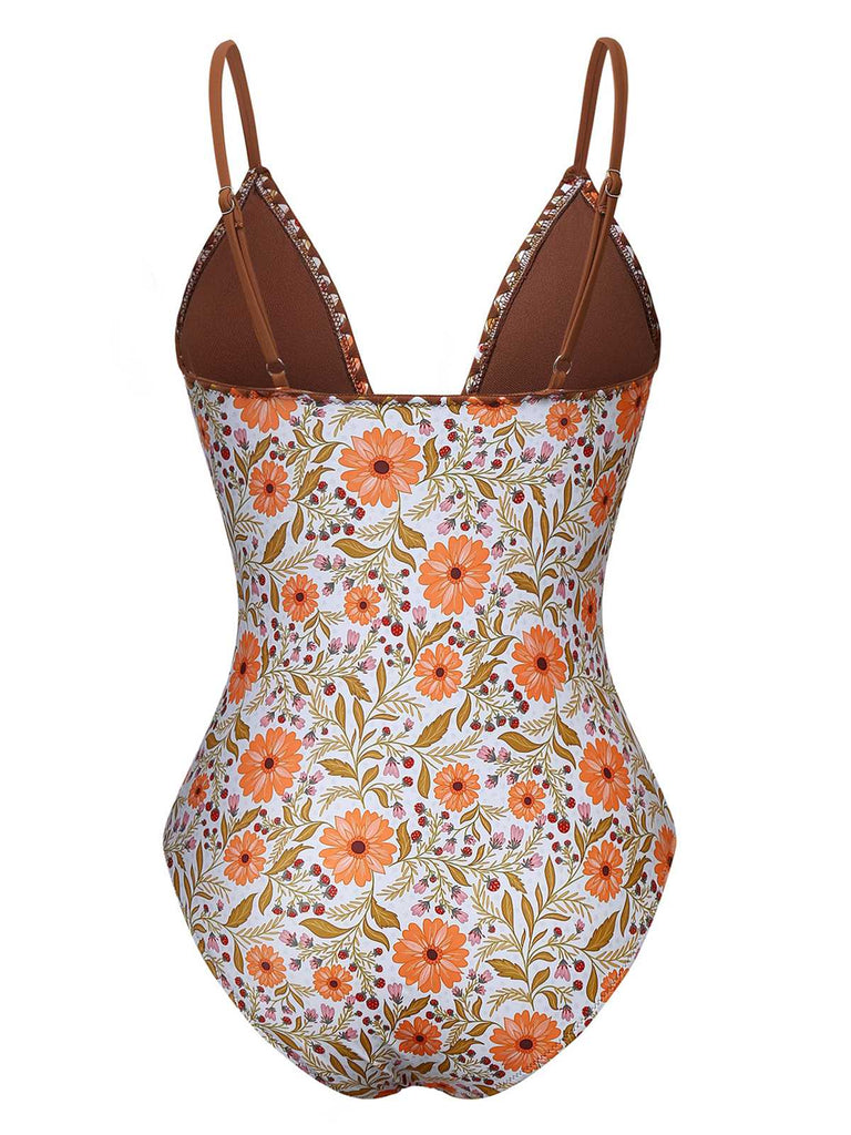 Khaki 1950er Blumen Schlüsselloch Badeanzug