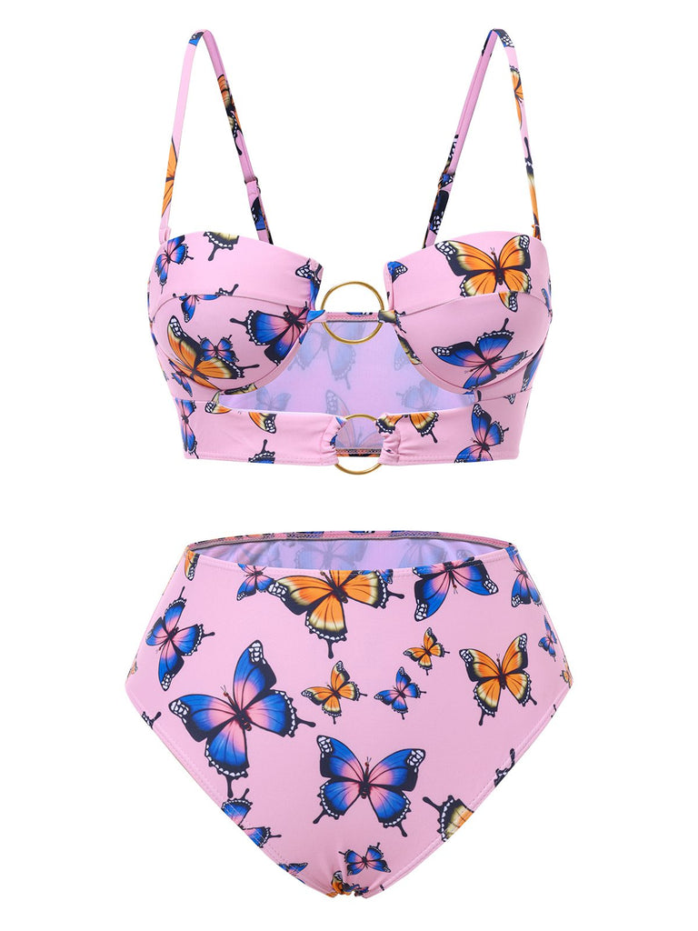 Rosa 1950er Hohl Ring Schmetterling Bikini Set