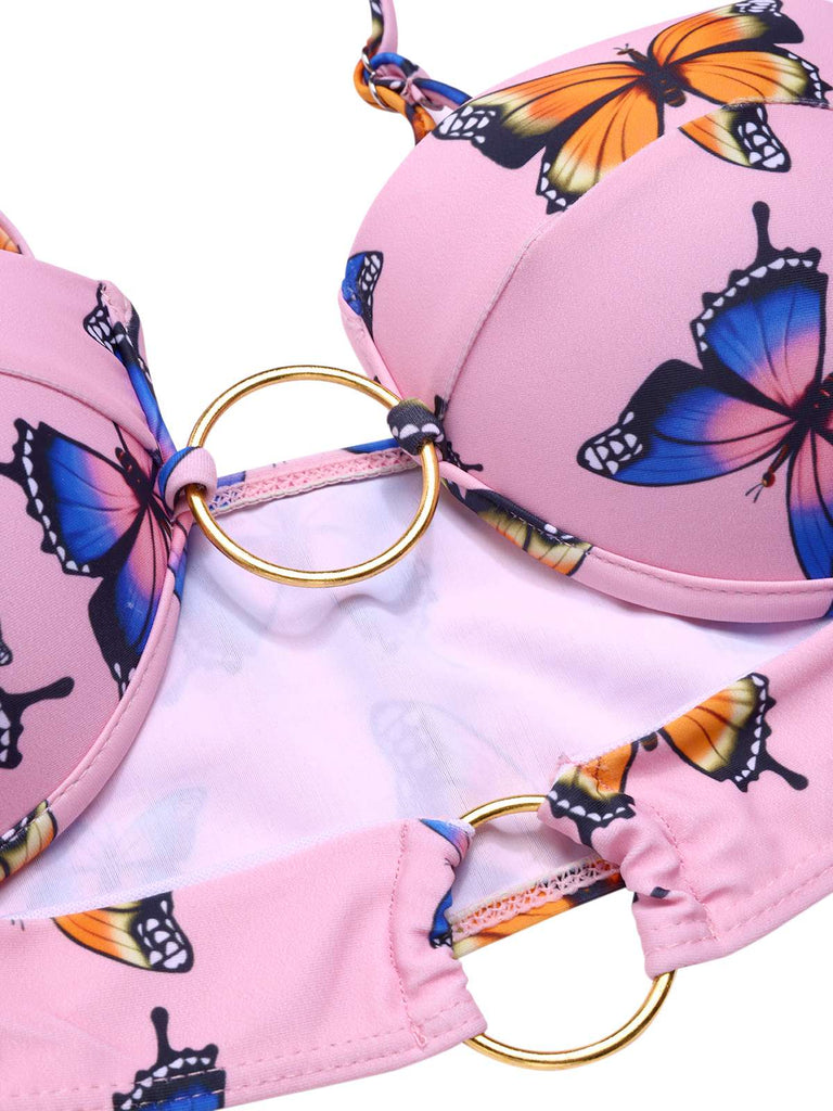 Rosa 1950er Hohl Ring Schmetterling Bikini Set