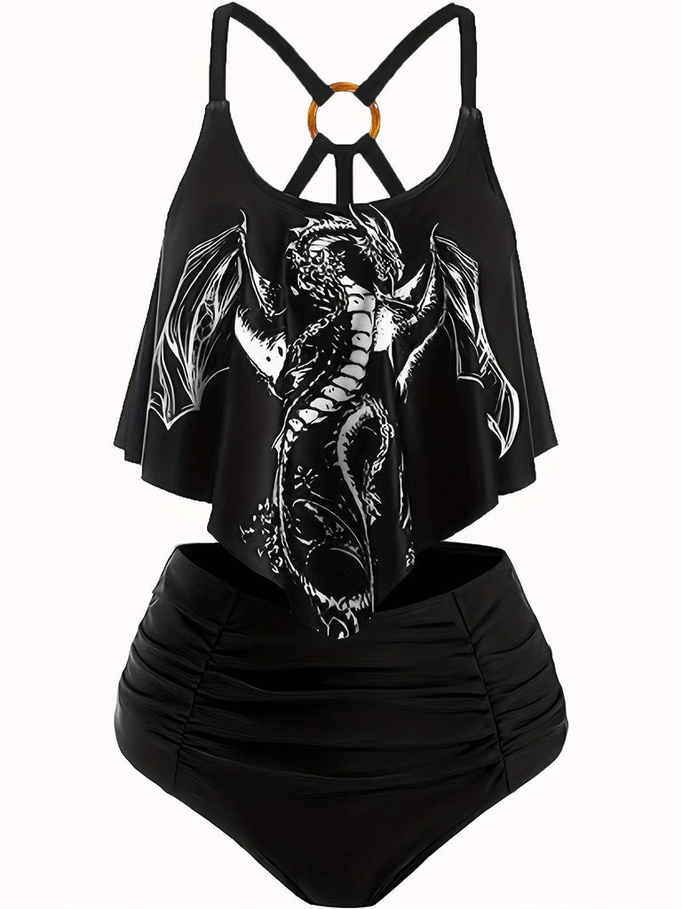 1980er Gotisch Dinosaurier Rückenkreuz Rüschen Badeanzug