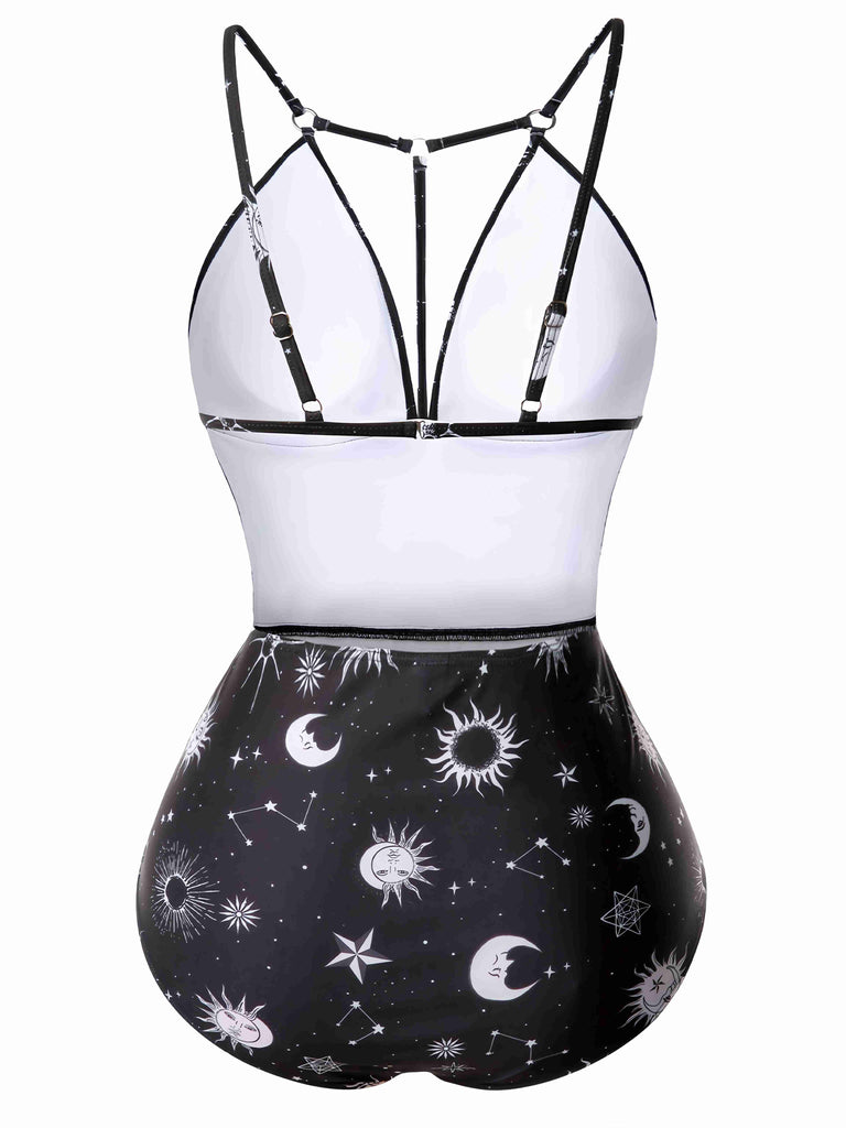 1980er Tief V-Ausschnitt Gotisch Stern Mond Einteiliger Badeanzug