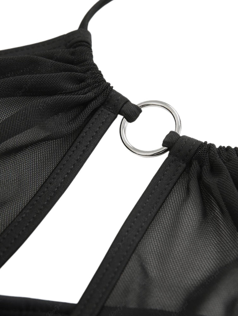 2PCS Schwarz 1980er Gothic Schädel Netz Halfter Bikini Set & Cover Up