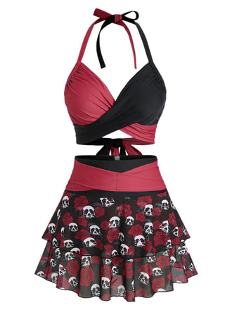 [Vorverkauf] Schwarzer & Rosa 80er Gothic Bikini Set mit Totenkopf und Rose