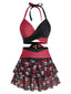 Schwarz & Rot 1980er Gothic Schädel Rose Halfter Rock Bikini Set