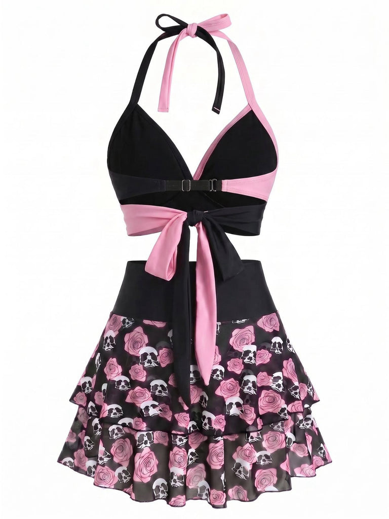 Schwarzer & Rosa 80er Gothic Bikini Set mit Totenkopf und Rose