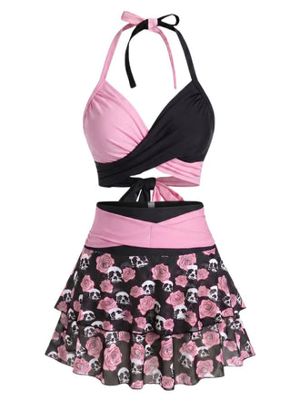 Schwarzer & Rosa 80er Gothic Bikini Set mit Totenkopf und Rose