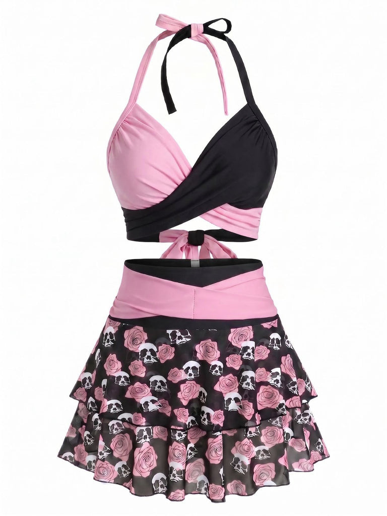Schwarzer & Rosa 80er Gothic Bikini Set mit Totenkopf und Rose