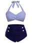 [Übergröße] Blau 1940er Streifen Halter Bogen Bikini Set
