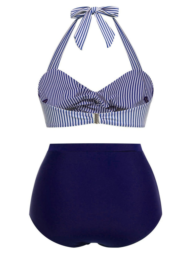 [Übergröße] Blau 1940er Streifen Halter Bogen Bikini Set