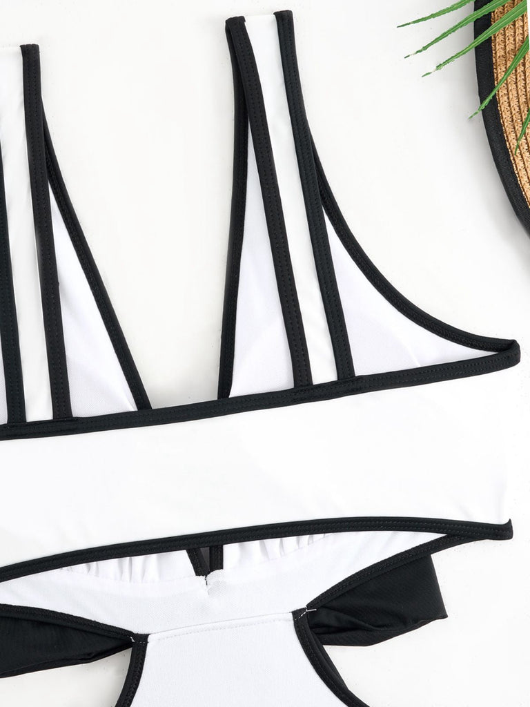 Weiß 1950er Taillenhohl Farbblock Bogen Bademode