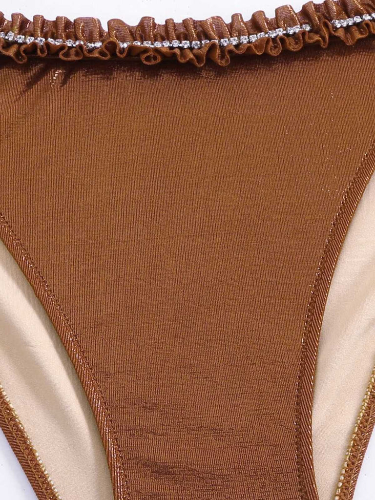 Braun 1950er Glänzend Strassstein Rüschen Bikini Set