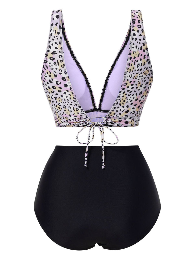 1950er Leopard Drucken Tief V-Ausschnitt Schnürung Bikini Set