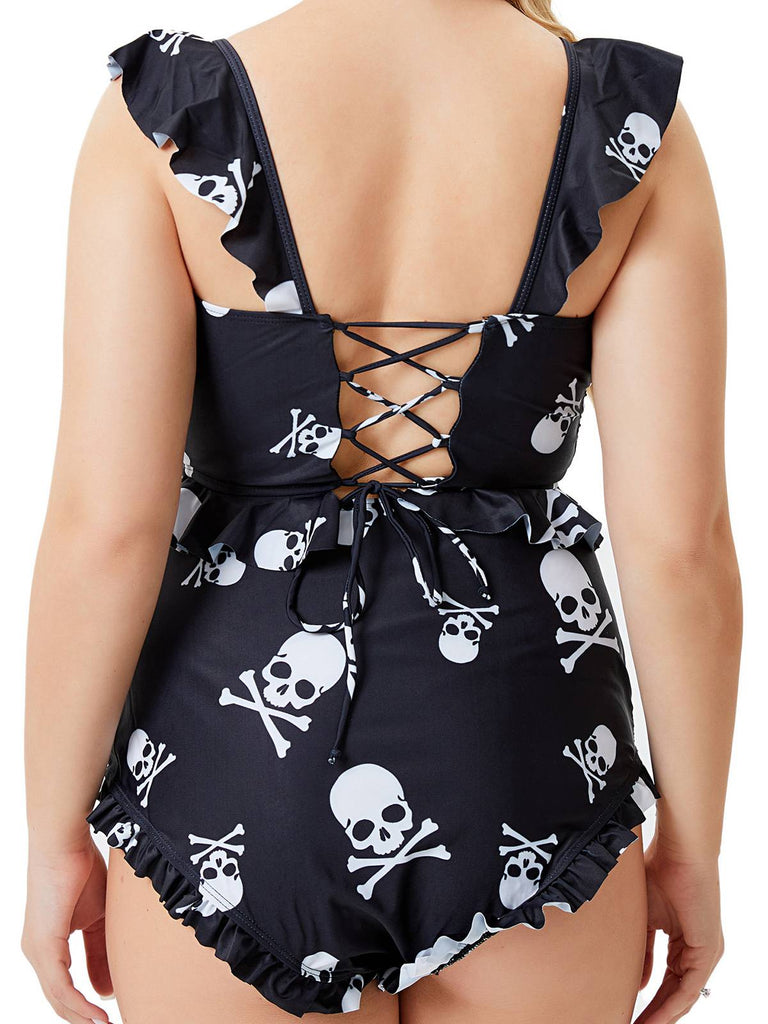 [Übergröße] Schwarz 1980er Gothic Schädel Rüschen Bikini Set
