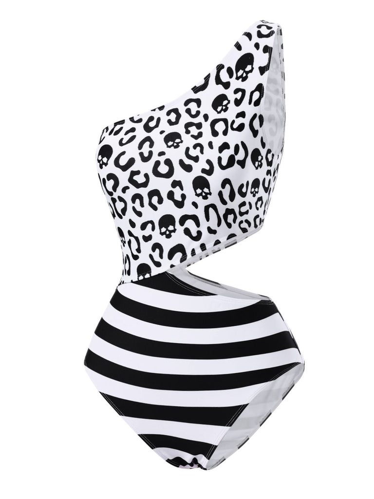 Schwarz 1980er Eine Schulter Hohl Skull Streifen Badeanzug