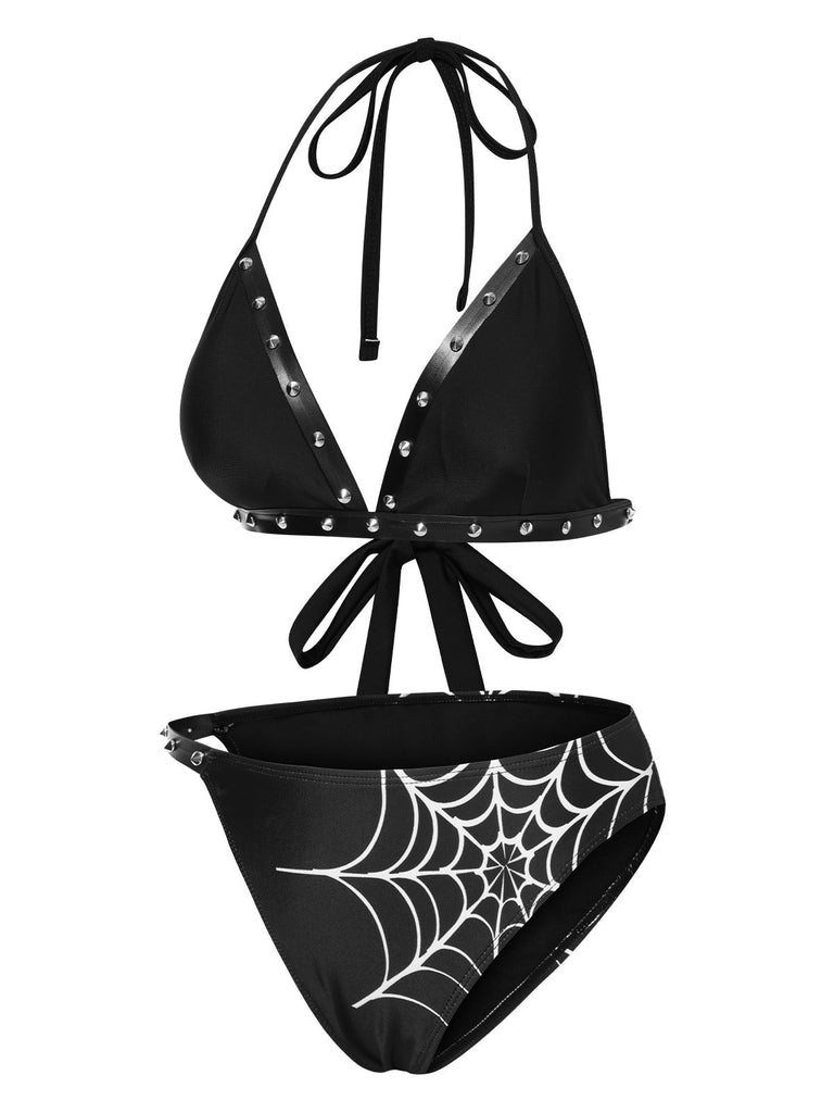Schwarz 1980er Gothic Spinnennetz Nieten Bikini Set
