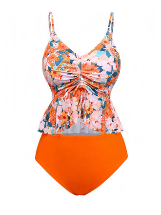 Orange 1970er Blumen Kordelzug Spaghetti Träger Tankini Set