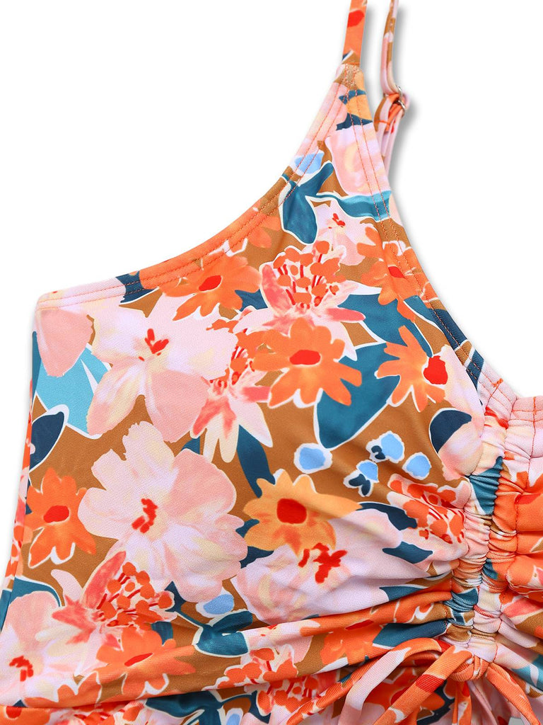 Orange 1970er Blumen Kordelzug Spaghetti Träger Tankini Set