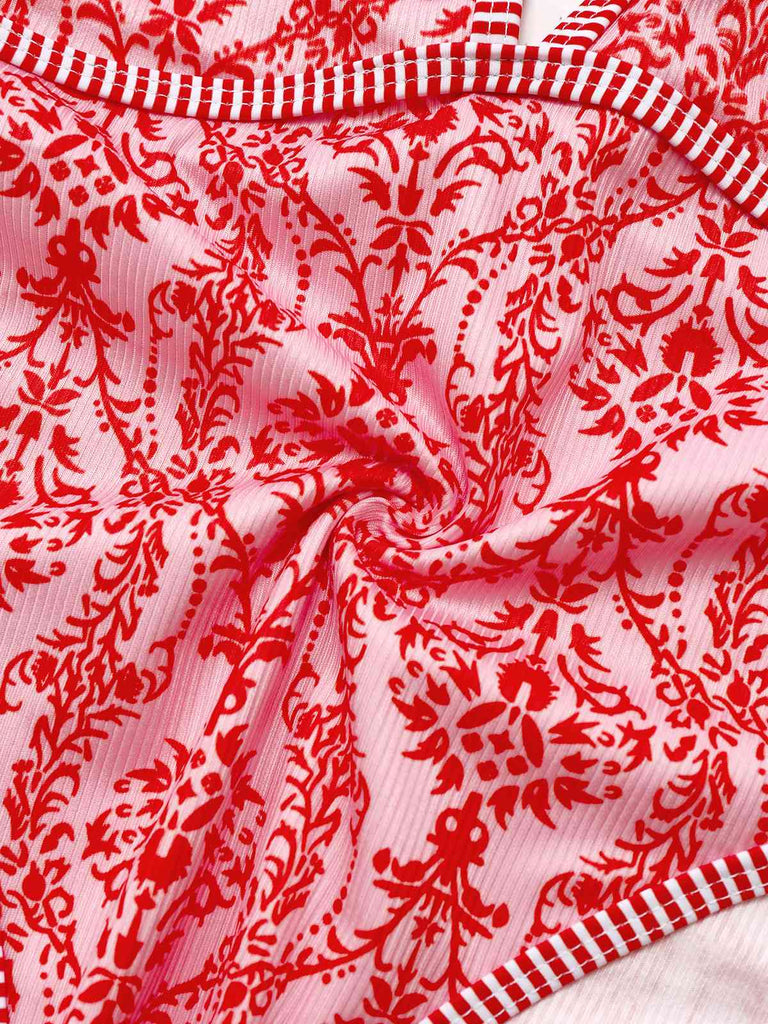 Rot 1970er Tief V-Ausschnitt Halter Barock Bademode