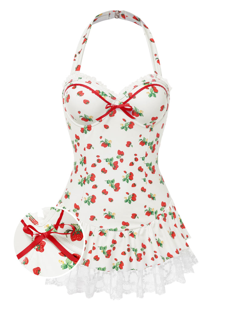 [Vorverkauf] 1950er Halter Erdbeere Spitze Bogen Badekleid