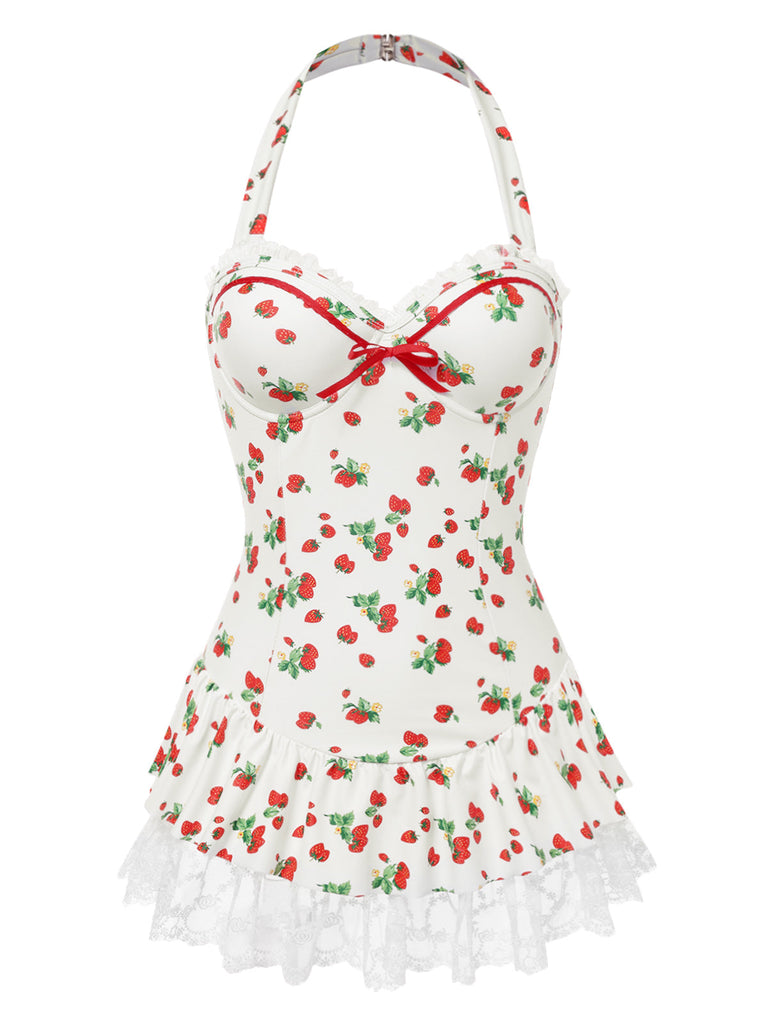 [Vorverkauf] 1950er Halter Erdbeere Spitze Bogen Badekleid