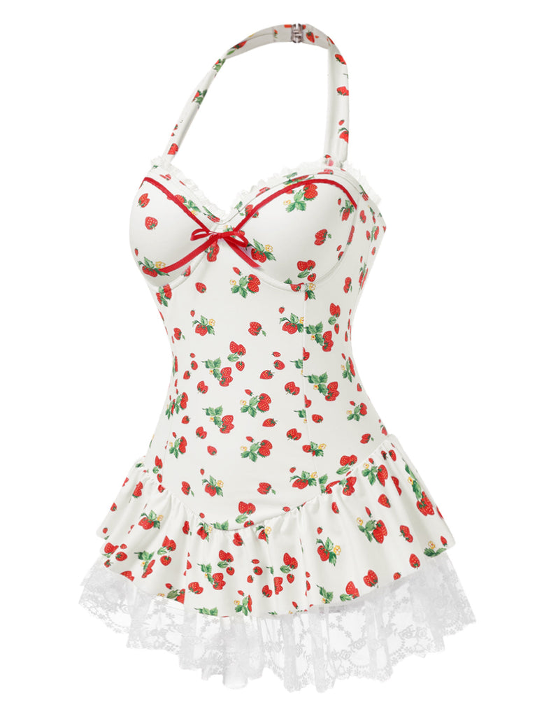 [Vorverkauf] 1950er Halter Erdbeere Spitze Bogen Badekleid
