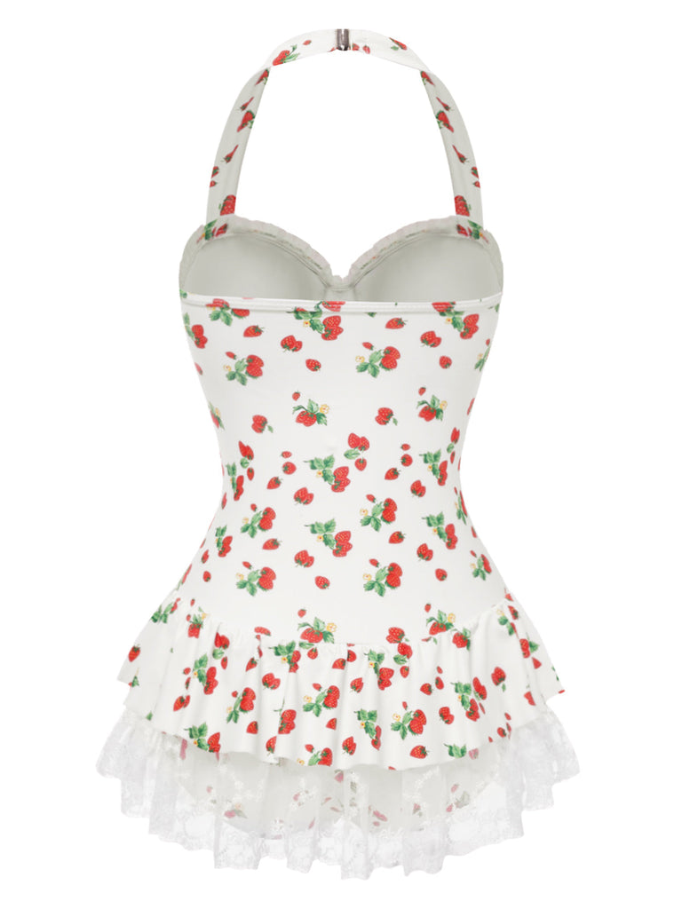 [Vorverkauf] 1950er Halter Erdbeere Spitze Bogen Badekleid