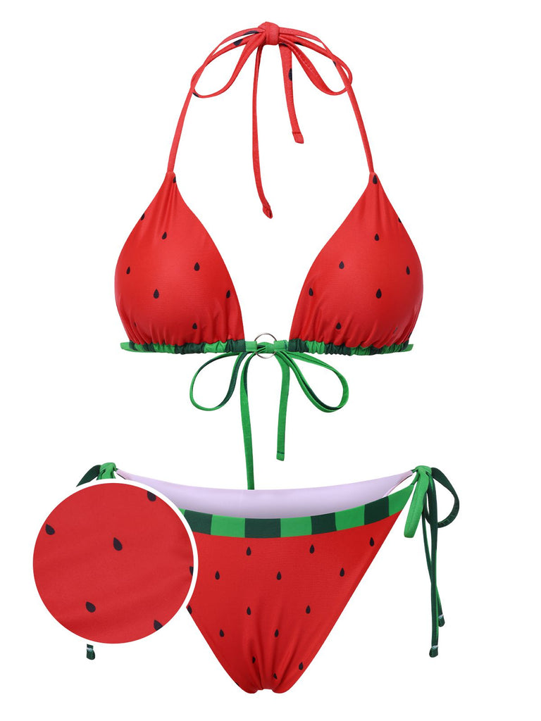 Rot 1960er Wassermelone Bogen Tie Bikini Set