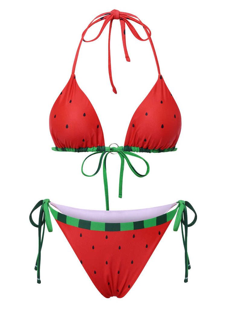 Rot 1960er Wassermelone Bogen Tie Bikini Set