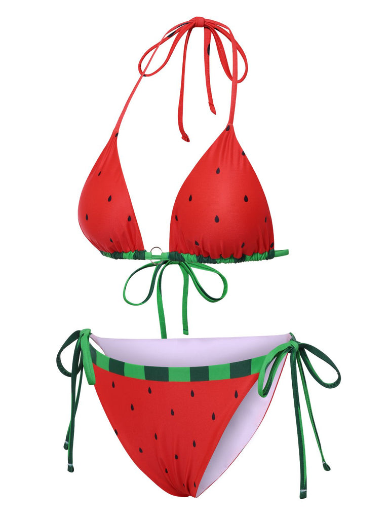 Rot 1960er Wassermelone Bogen Tie Bikini Set