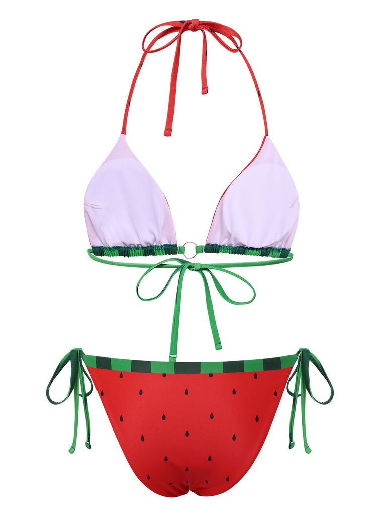 Rot 1960er Wassermelone Bogen Tie Bikini Set