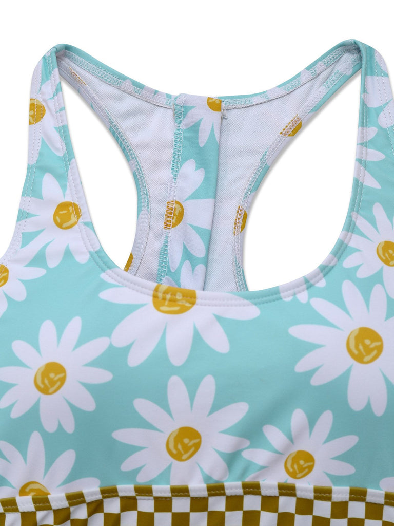 Blau 1960er Gänseblümchen Check Tankini Set