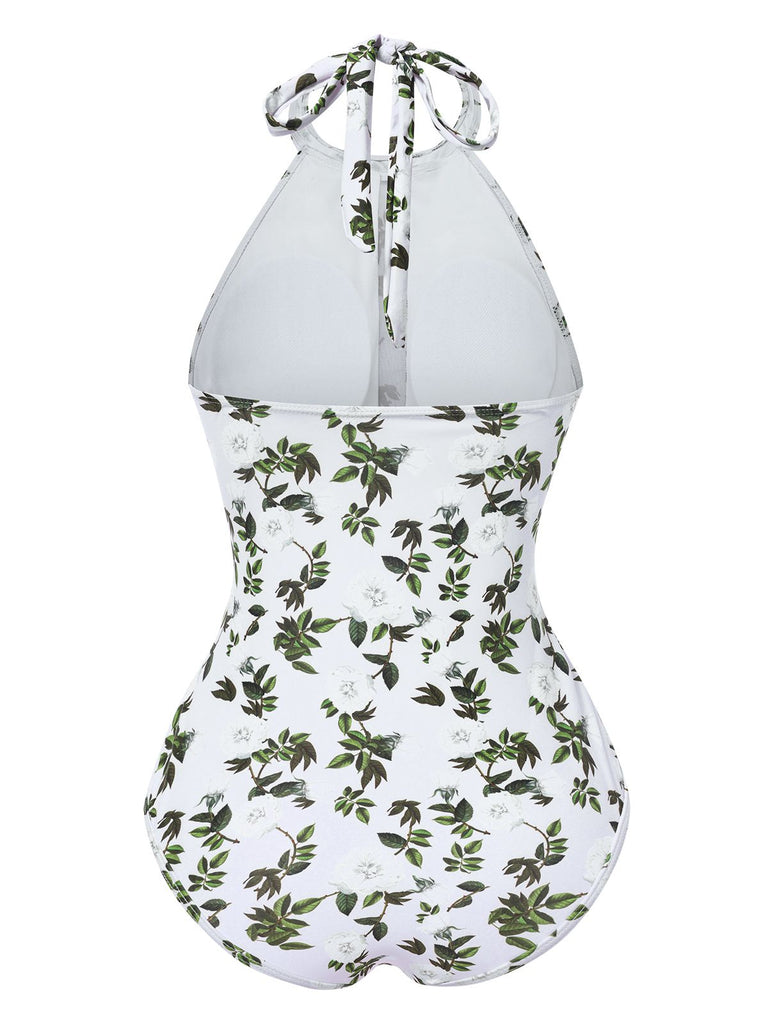 2PCS Grün 1930er Blatt Halter Badeanzug & Cover Up