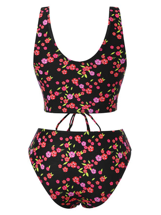 Schwarz 1940er Kleine Blumen Schnürung Tankini Set