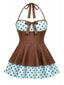 Braun 1940er Tupfen Patchwork Halfter Badekleid
