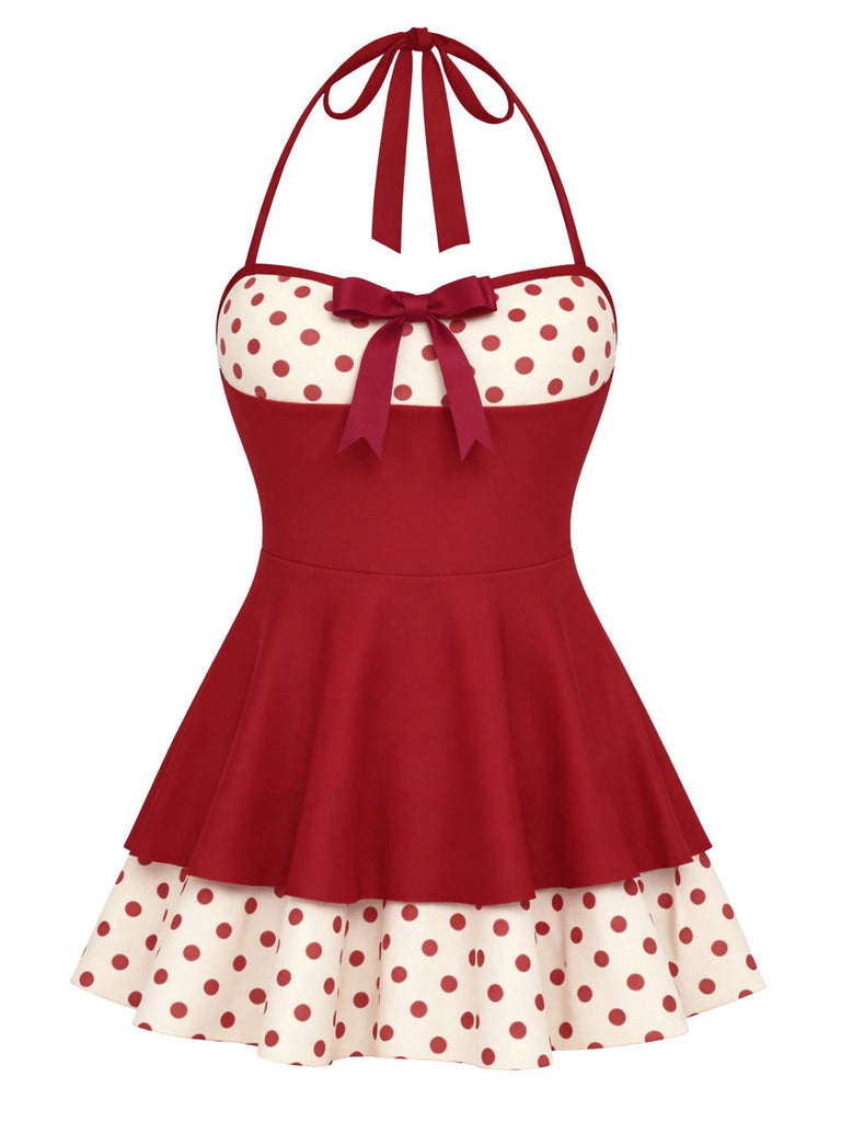 40er Badekleid mit Polka-Dots, Patchwork und Neckholder in Schwarz