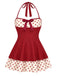 40er Badekleid mit Polka-Dots, Patchwork und Neckholder in Schwarz