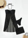 3PCS Schwarz 1950er Solide Halfter Tankini Set & Cover-Up