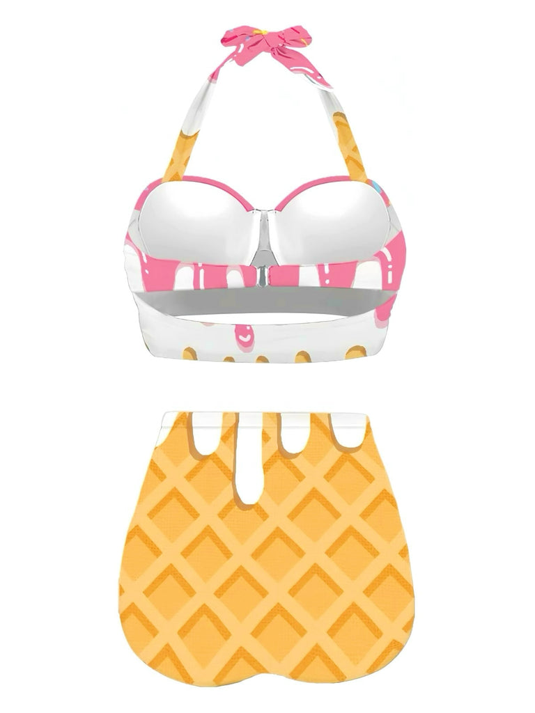 Rosa 1970er Halter Eistüte High-Waist Bikini
