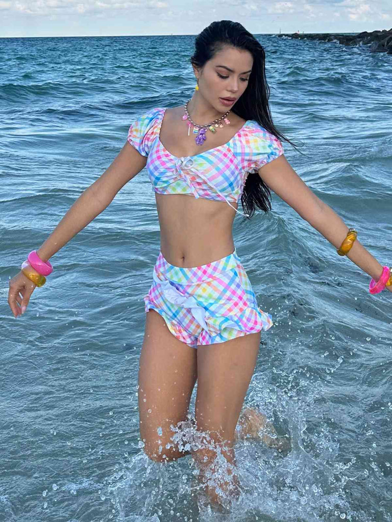 Mehrfarbig 1970er Puff Gingham Plaid Tankini Set