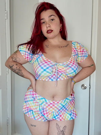 Mehrfarbig 1970er Puff Gingham Plaid Tankini Set