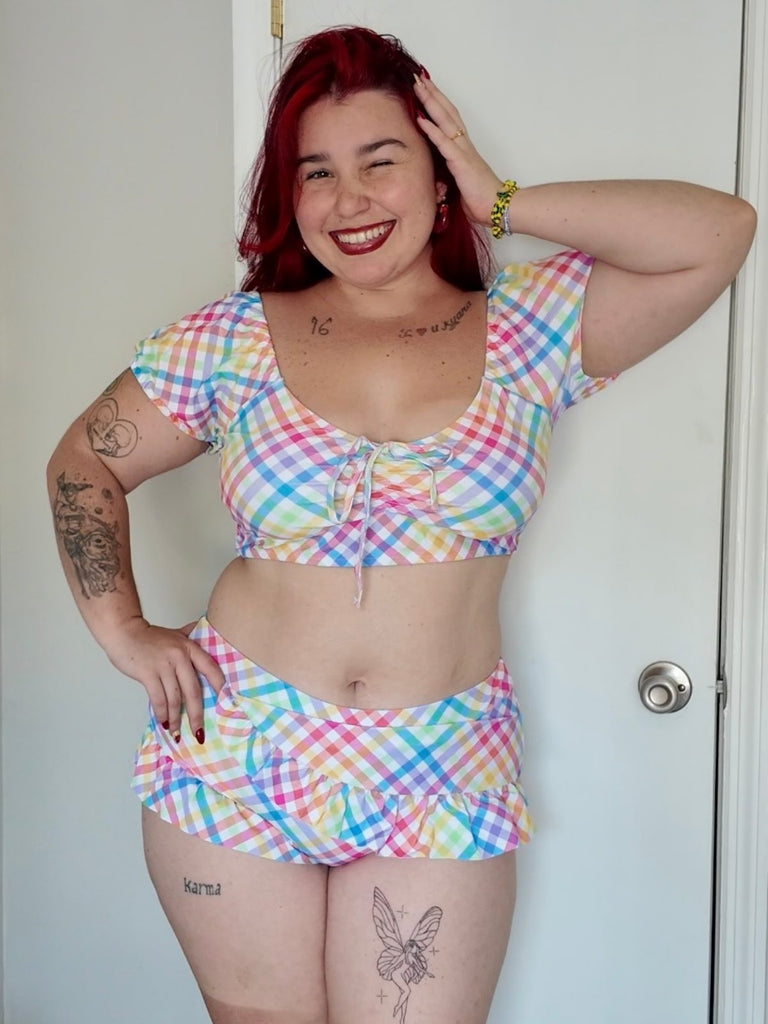 Mehrfarbig 1970er Puff Gingham Plaid Tankini Set