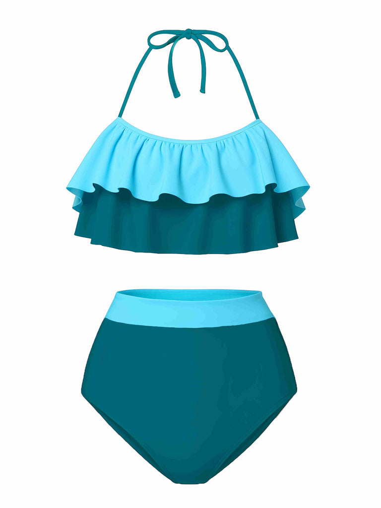 1940er Hohe Taille Farbblock Rüschen Halfter Tankini Set